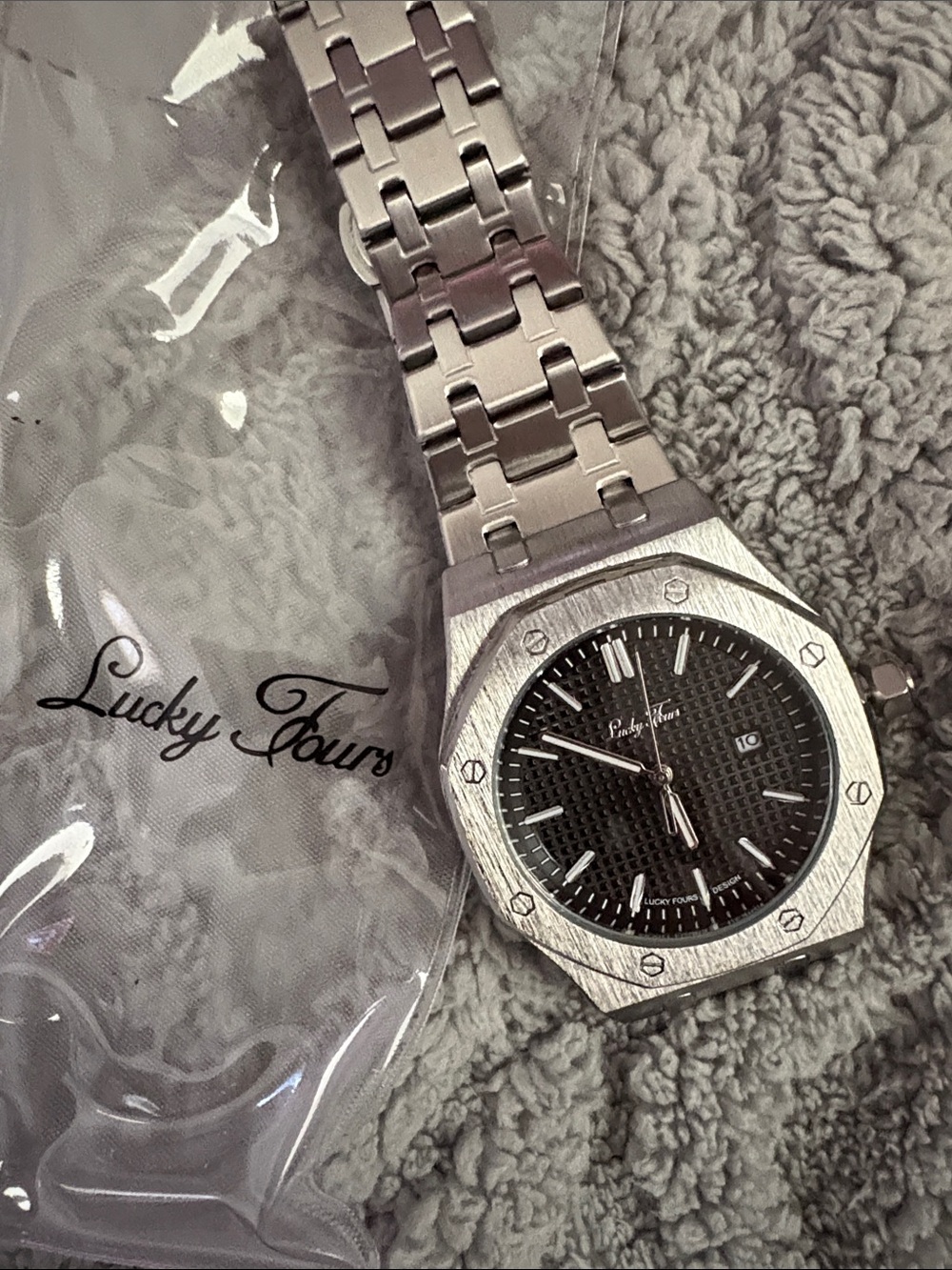 Lucky Fours Stainless Steel Octagonal Watch in Silver and Black